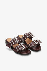 GANNI Hot Sale Feminine Buckle Two-Strap Sandals in Burgundy