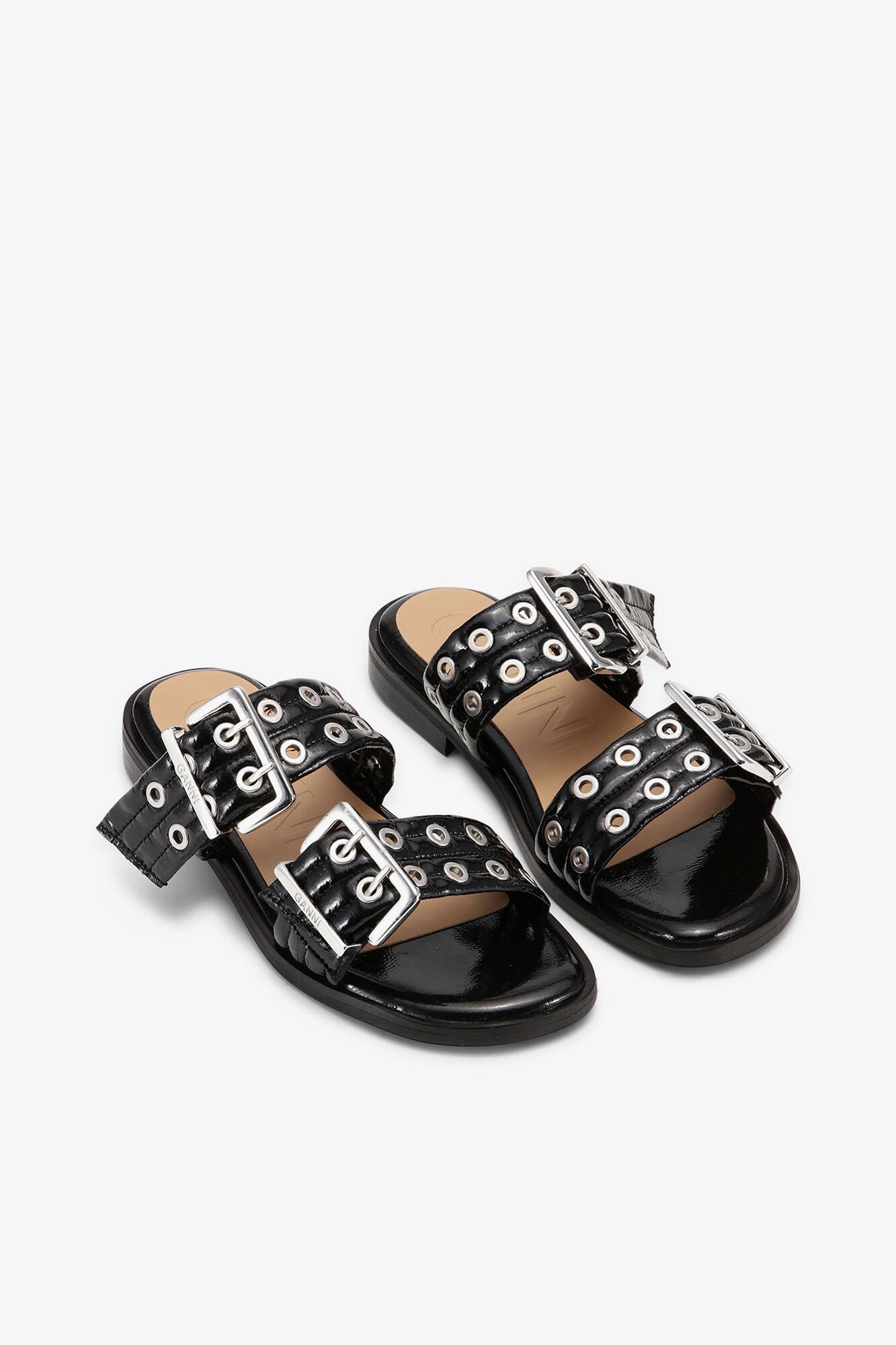 GANNI New Feminine Buckle Two-Strap Sandals in Black