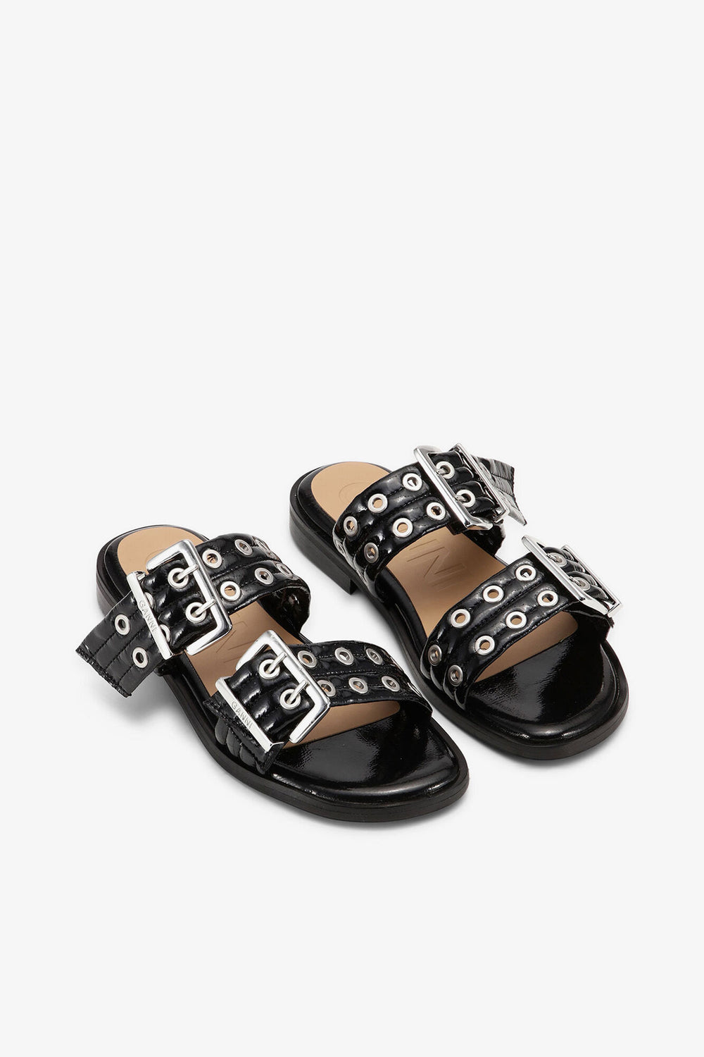 GANNI New Feminine Buckle Two-Strap Sandals in Black
