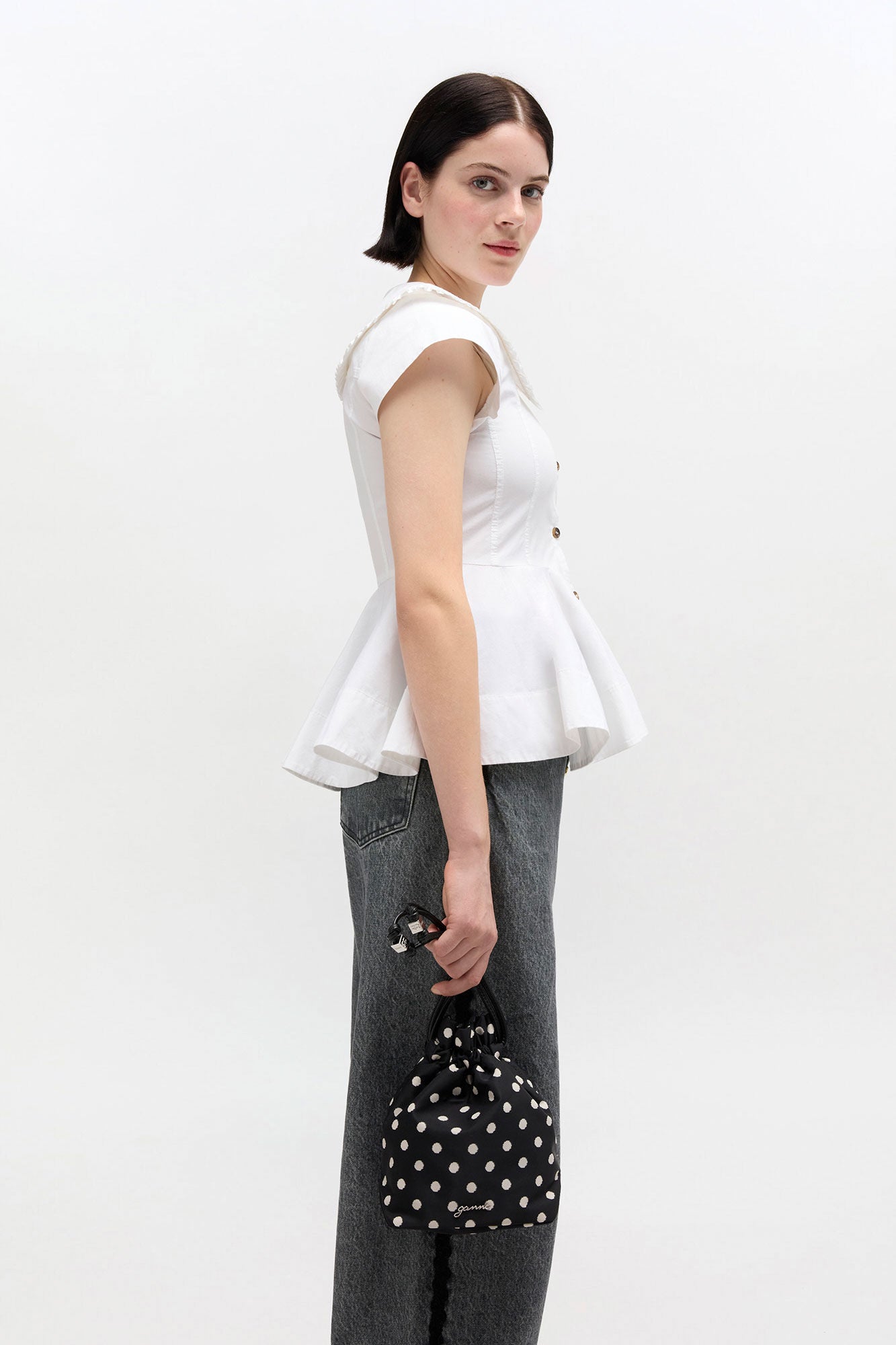 GANNI Online Black Printed Bou Bucket Pouch with Dots