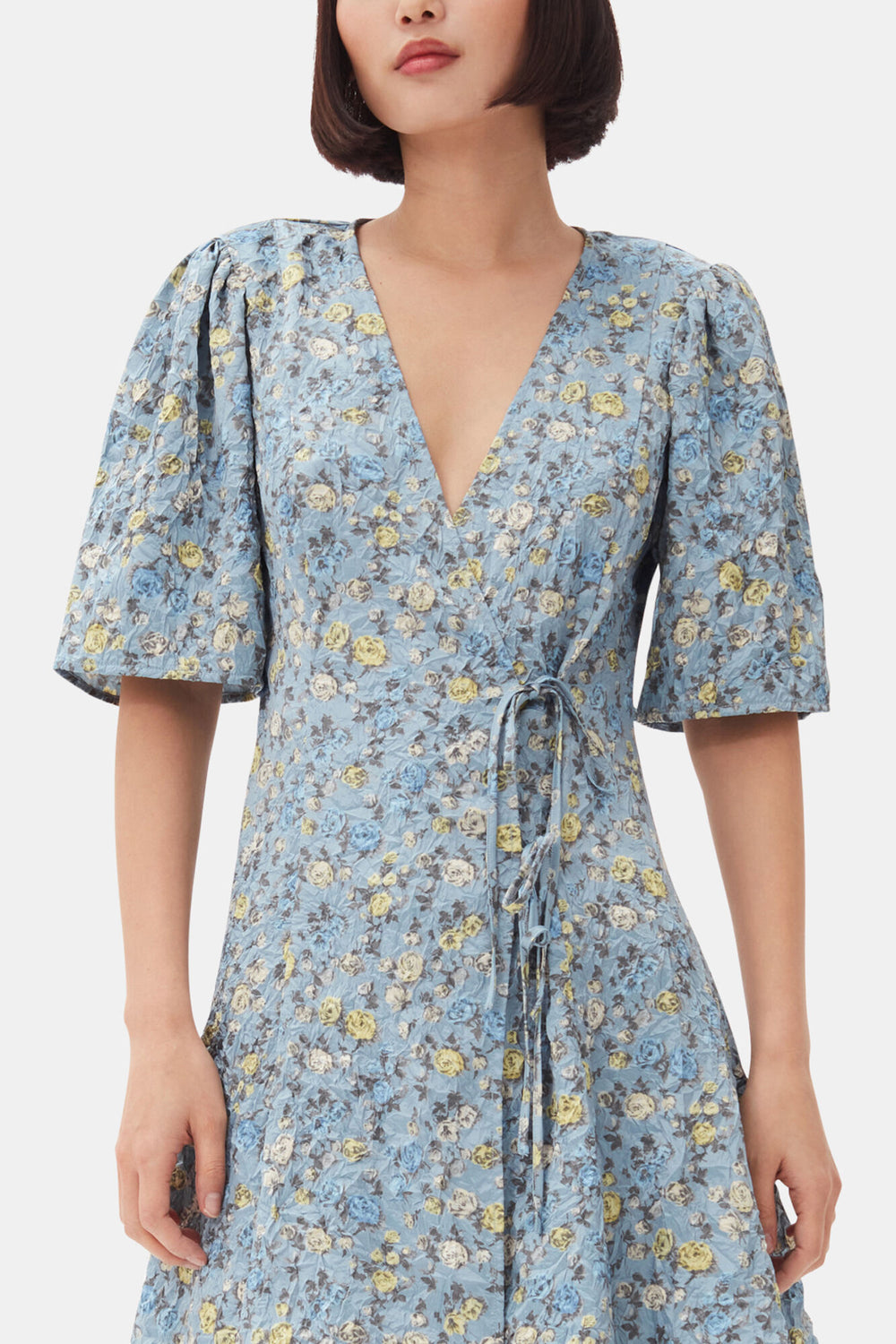 GANNI Discount Blue Floral Printed Crinkled Satin Mini Wrap Dress