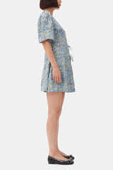 GANNI Discount Blue Floral Printed Crinkled Satin Mini Wrap Dress