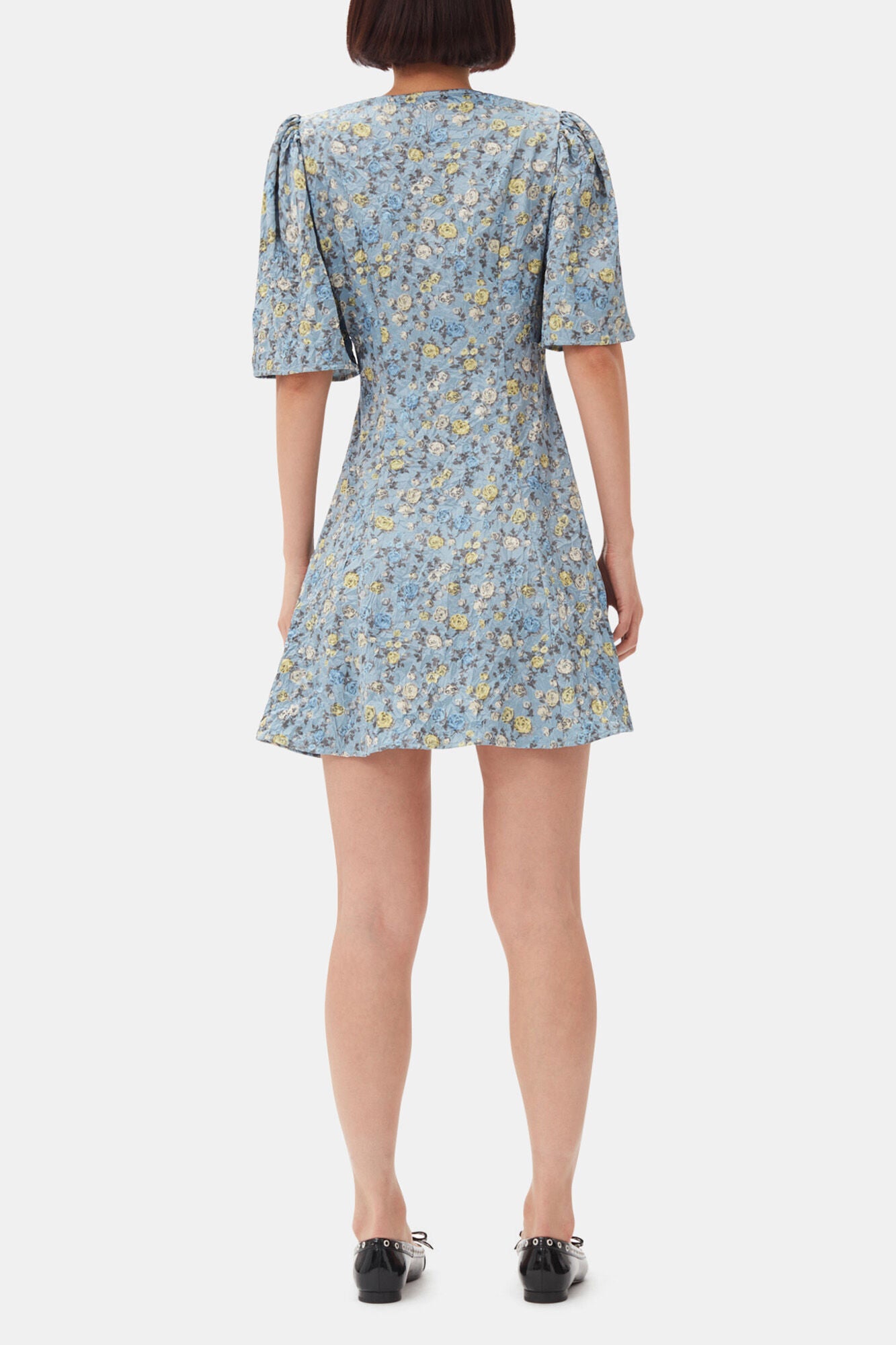 GANNI Discount Blue Floral Printed Crinkled Satin Mini Wrap Dress