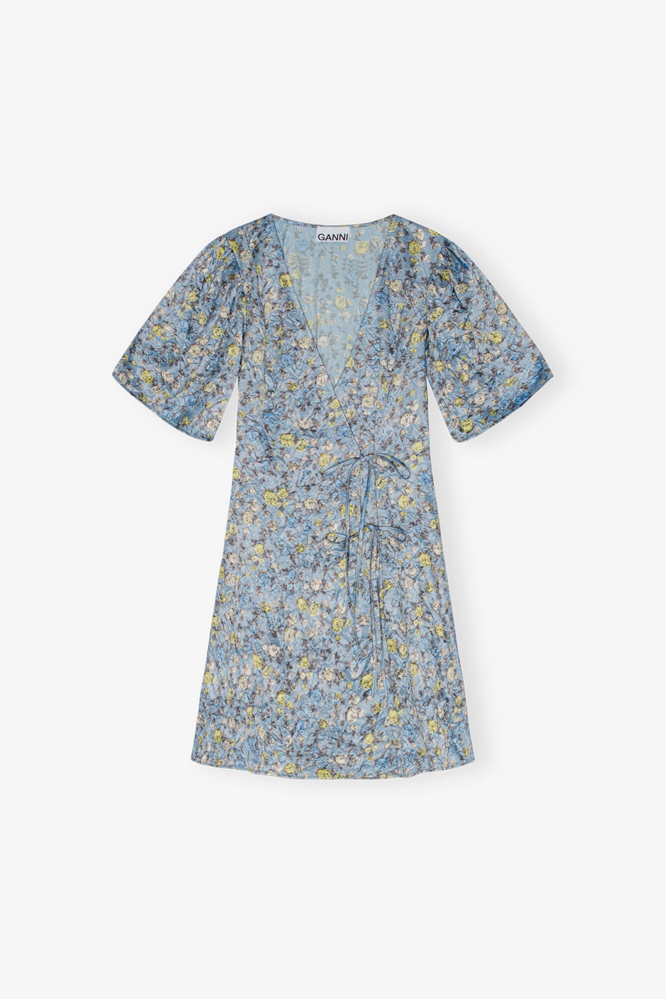 GANNI Discount Blue Floral Printed Crinkled Satin Mini Wrap Dress
