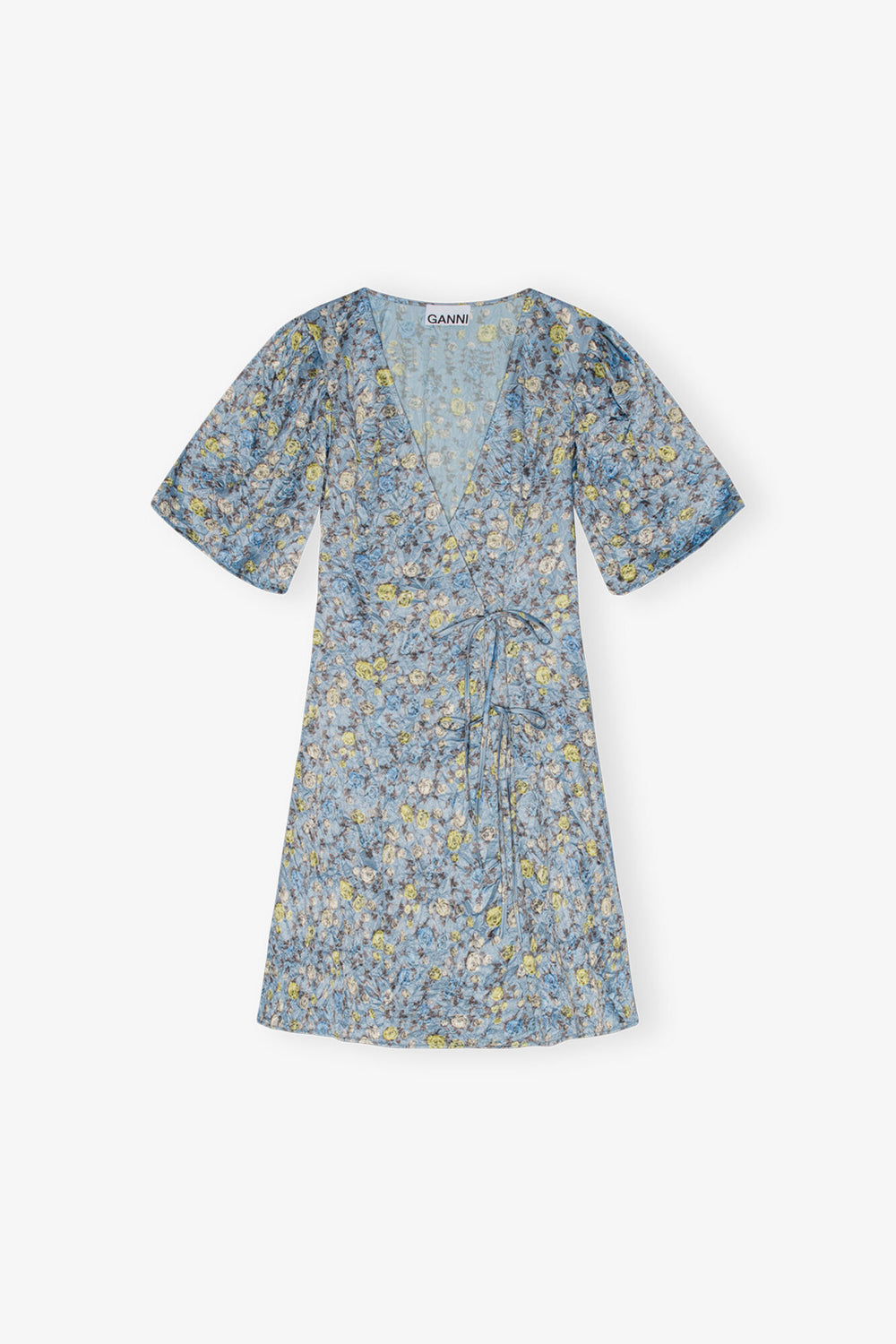 GANNI Discount Blue Floral Printed Crinkled Satin Mini Wrap Dress