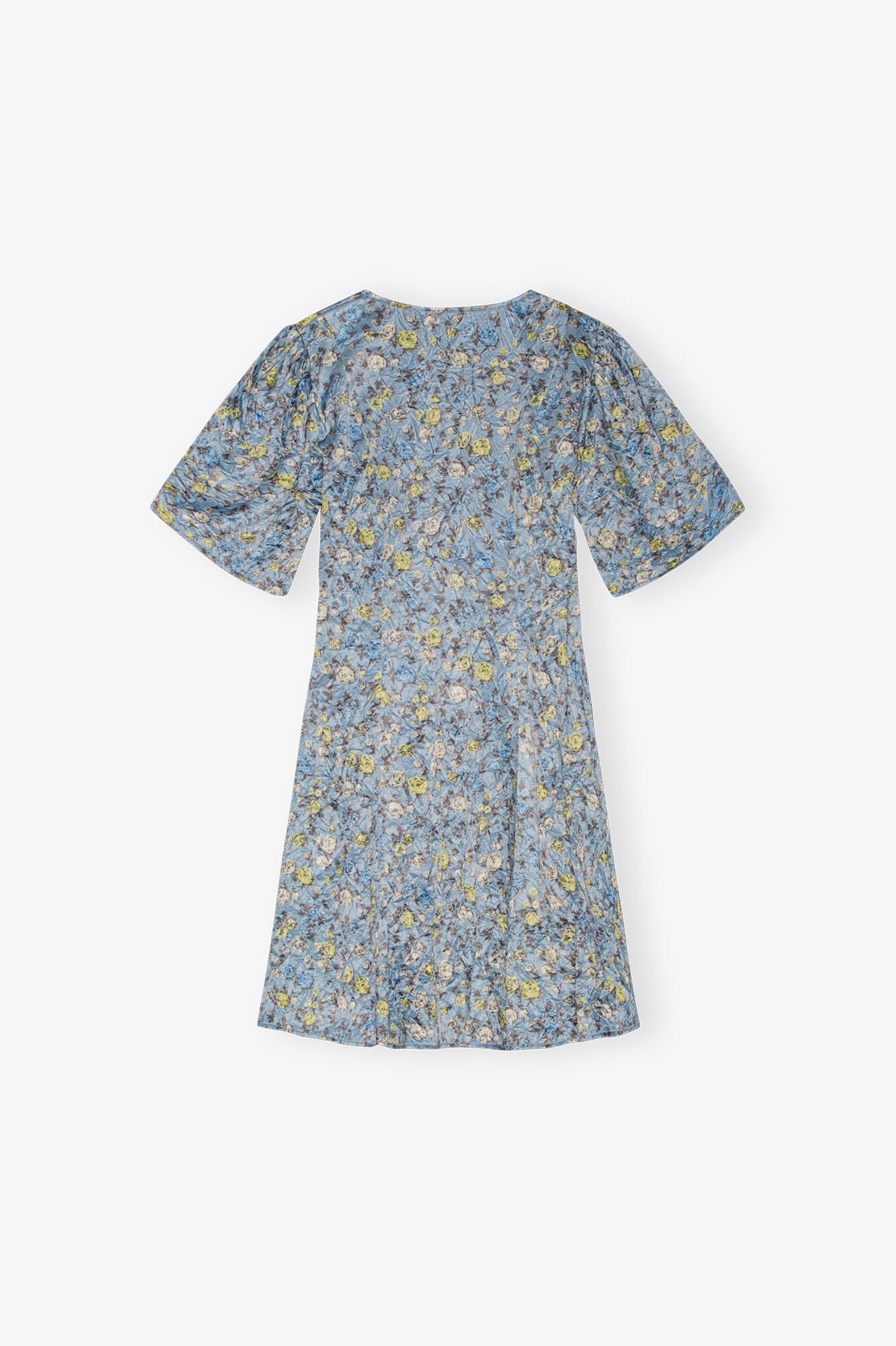 GANNI Discount Blue Floral Printed Crinkled Satin Mini Wrap Dress