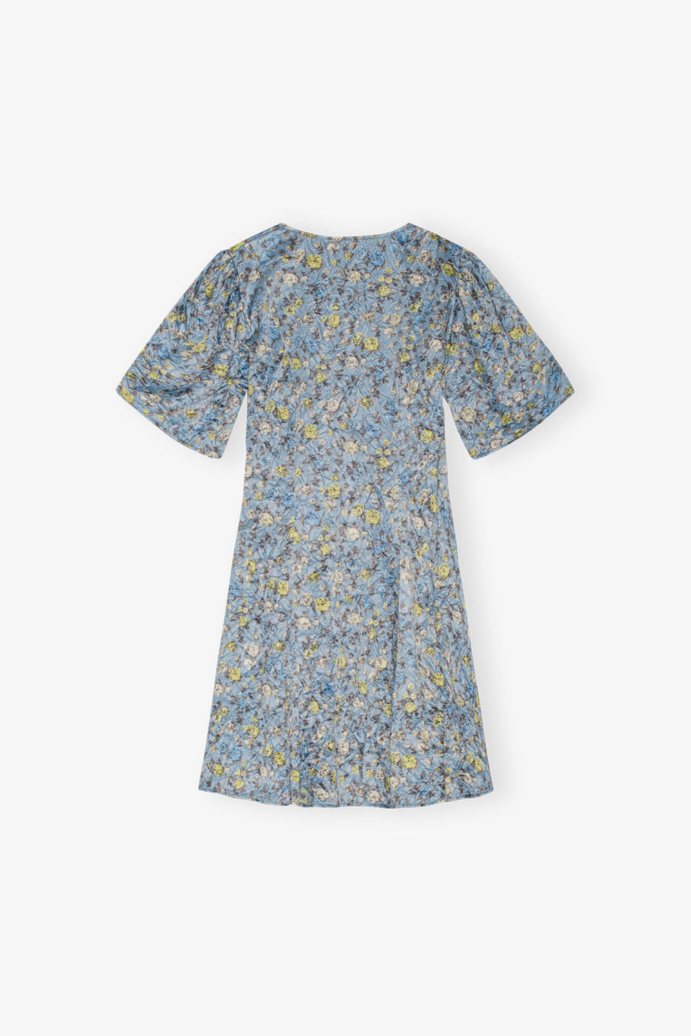 GANNI Discount Blue Floral Printed Crinkled Satin Mini Wrap Dress